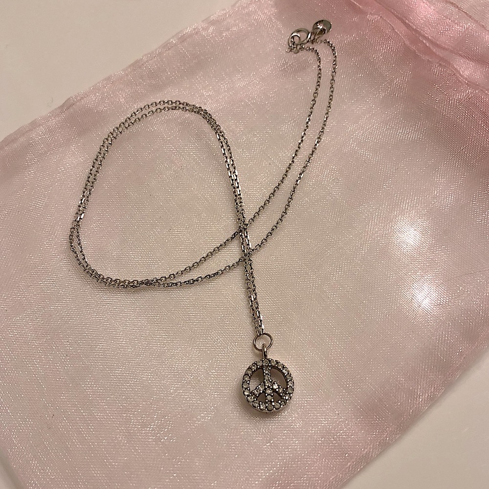 14K White Gold and Diamond Peace Sign Necklace